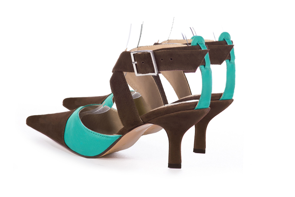 Dark brown and aquamarine blue women's open back shoes, with crossed straps. Pointed toe. High spool heels. Rear view - Florence KOOIJMAN